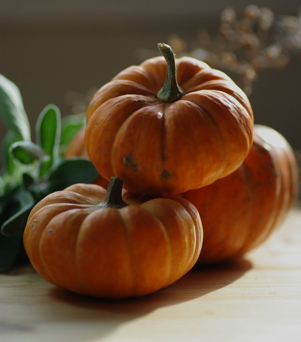 Trois potimarrons orange posés sur une table en bois
